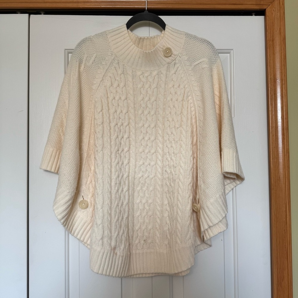 Chico’s Ivory Cream White Jen Cable‎ Knit Mock Neck Poncho Size L/XL Cabincore